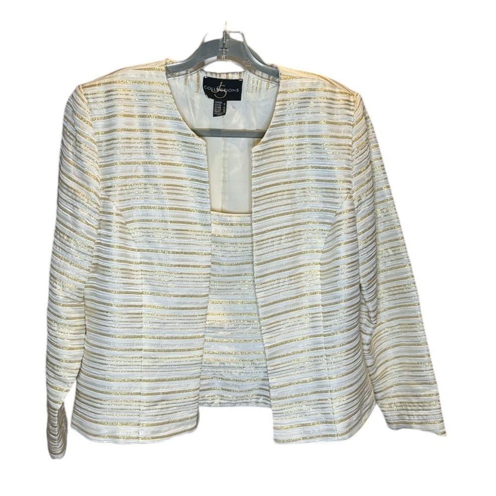 JS collections formal, twinset top and jacket, ivory Gold metallic stripe Sz 16